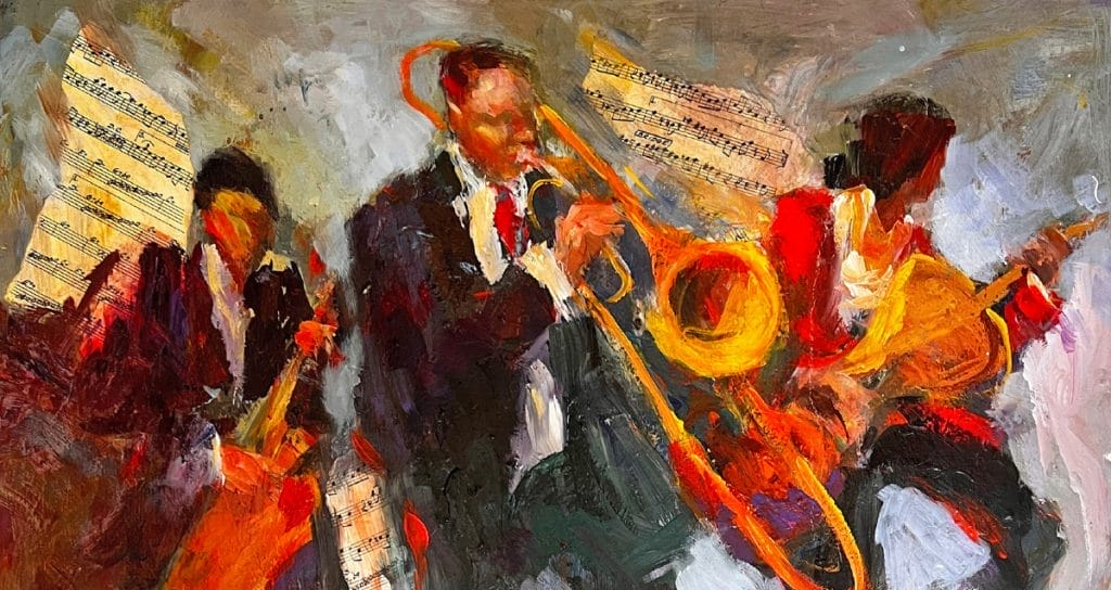 Gloria Coker Fine Art Show and Sale featuring musicians playing