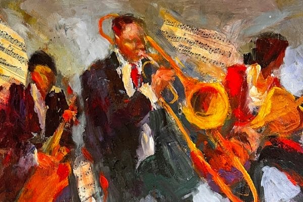 Gloria Coker Fine Art Show and Sale featuring musicians playing